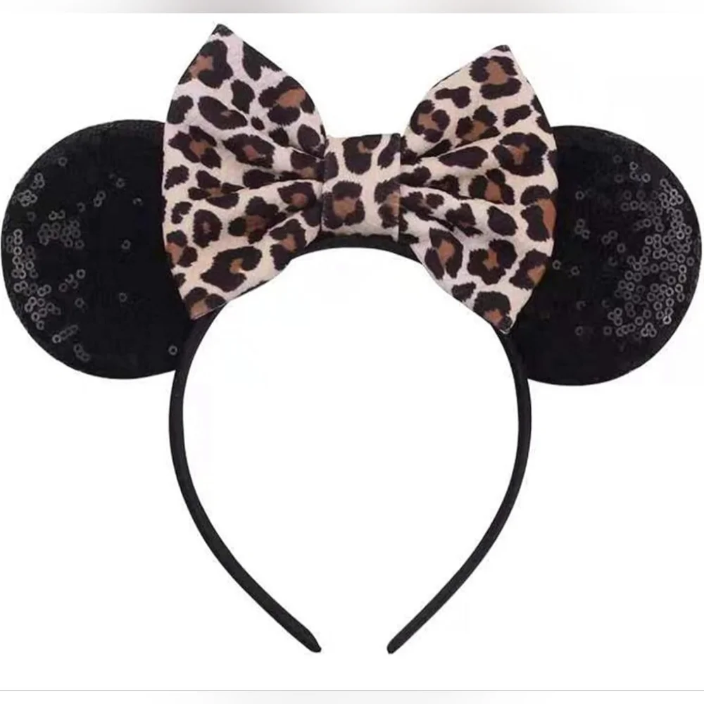 🍎New Leopard Print Bow Black Sequin Mickey & Minnie Mouse Ears Headband Disney